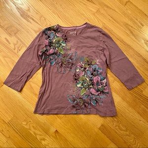 Purple Floral 3/4 Sleeve Scoop Neck T Shirt S